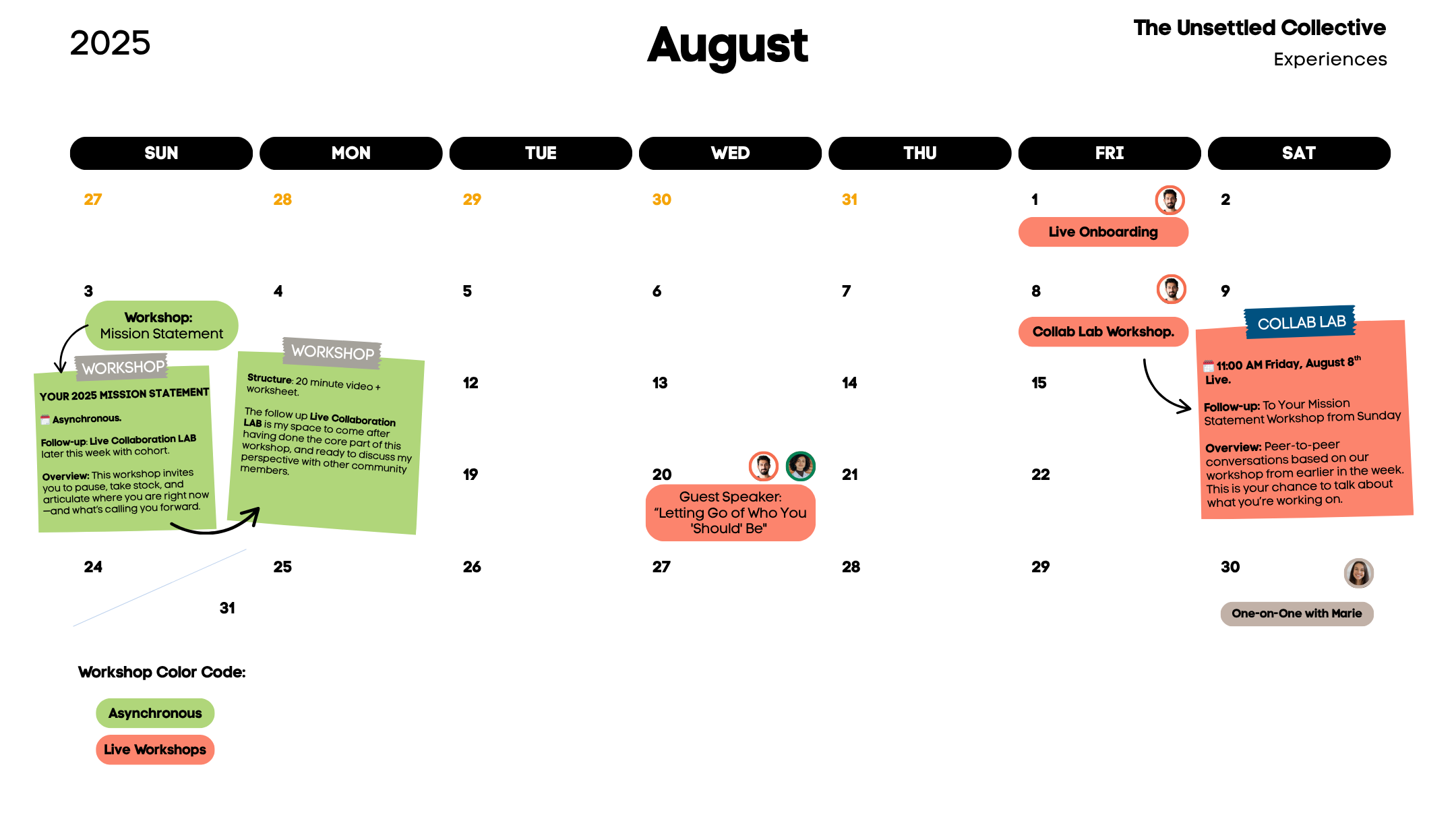 The Unsettled Collective Calendar August Monthly calendar for The Unsettled Collective, August programming schedule featuring workshops, guest speakers, and live collaboration sessions.