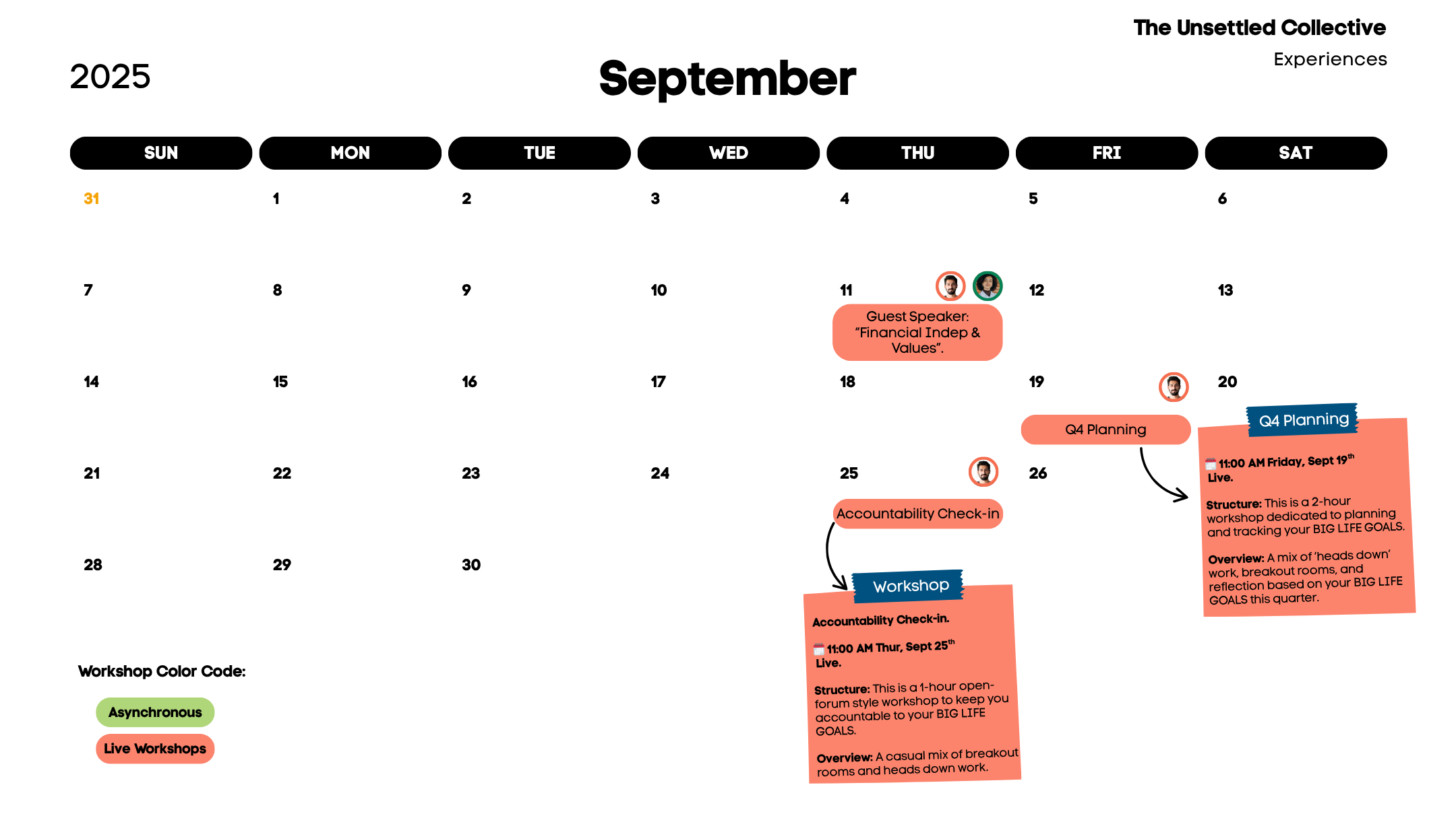 The Unsettled Collective Calendar Sept September calendar of The Unsettled Collective, featuring live events including guest speakers, accountability check-ins, and a Q4 planning workshop for goal setting and personal growth.